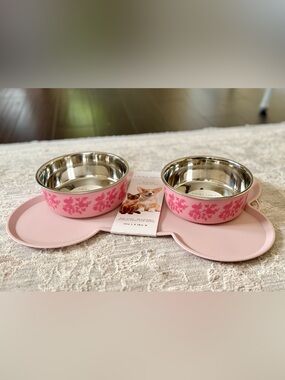 Laura Ashley Pink Floral 3-Pc Pet Bowls & Mat Set